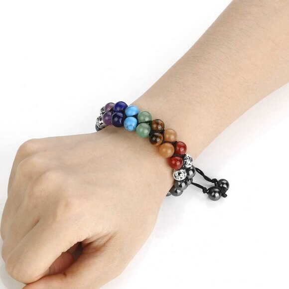 Strand 7 Chakra Crystals Yoga Stone Bead Chakra Relax Bracelet for Womens Mens - Picture 2 of 7